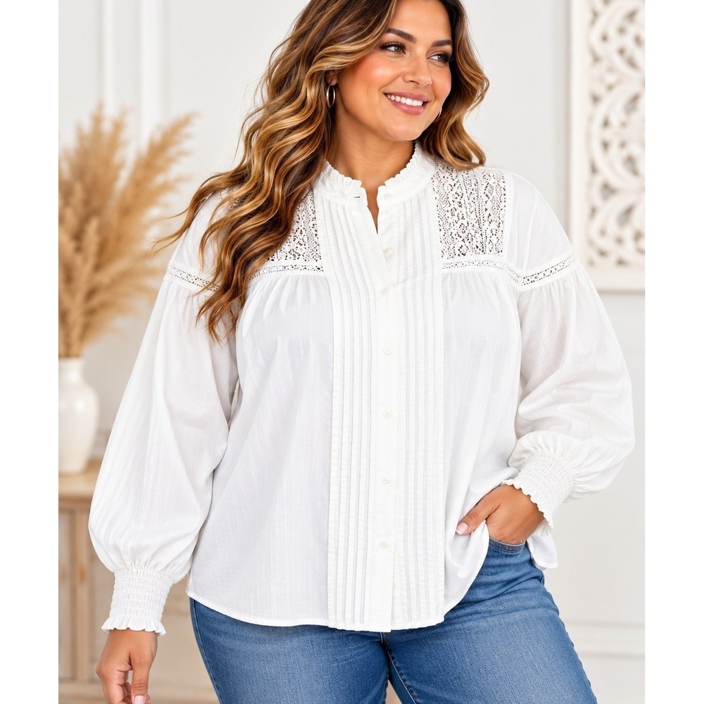 Terra & Sky Plus 4X 28W 30W Winter White Romantic Lace Inset Pintuck Blouse New